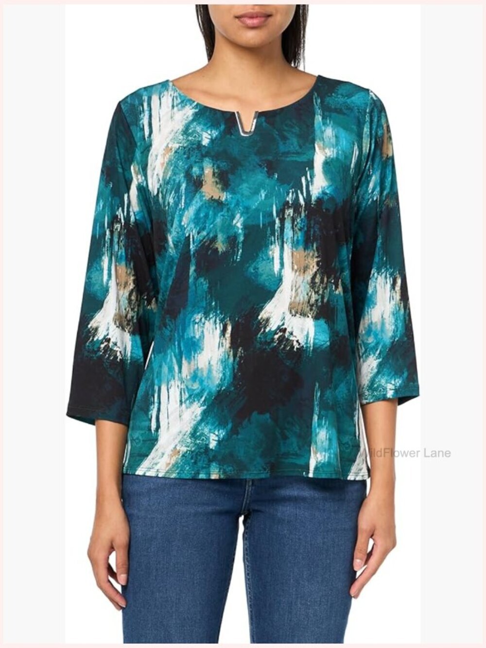3/4 Sleeve V-Neck Tunic Top with Hardware Details